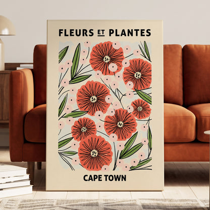 Cape Town Petal Parade, red, pink, green floral wall art displayed in a styled interior, gallery view 3