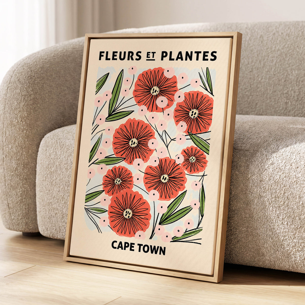 Cape Town Petal Parade, red, pink, green floral wall art displayed in a styled interior, gallery view 4