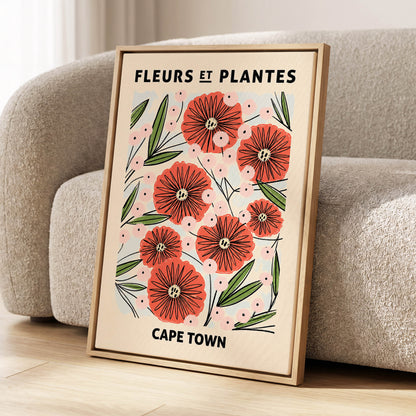 Cape Town Petal Parade, red, pink, green floral wall art displayed in a styled interior, gallery view 4