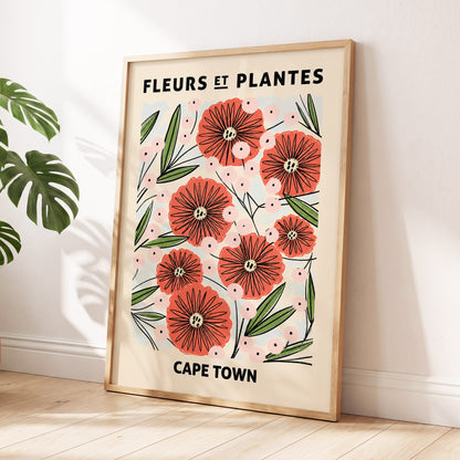 Cape Town Petal Parade, red, pink, green floral wall art displayed in a styled interior, gallery view 6