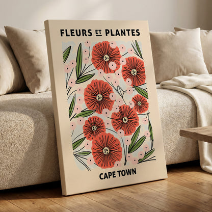 Cape Town Petal Parade, red, pink, green floral wall art displayed in a styled interior, gallery view 7