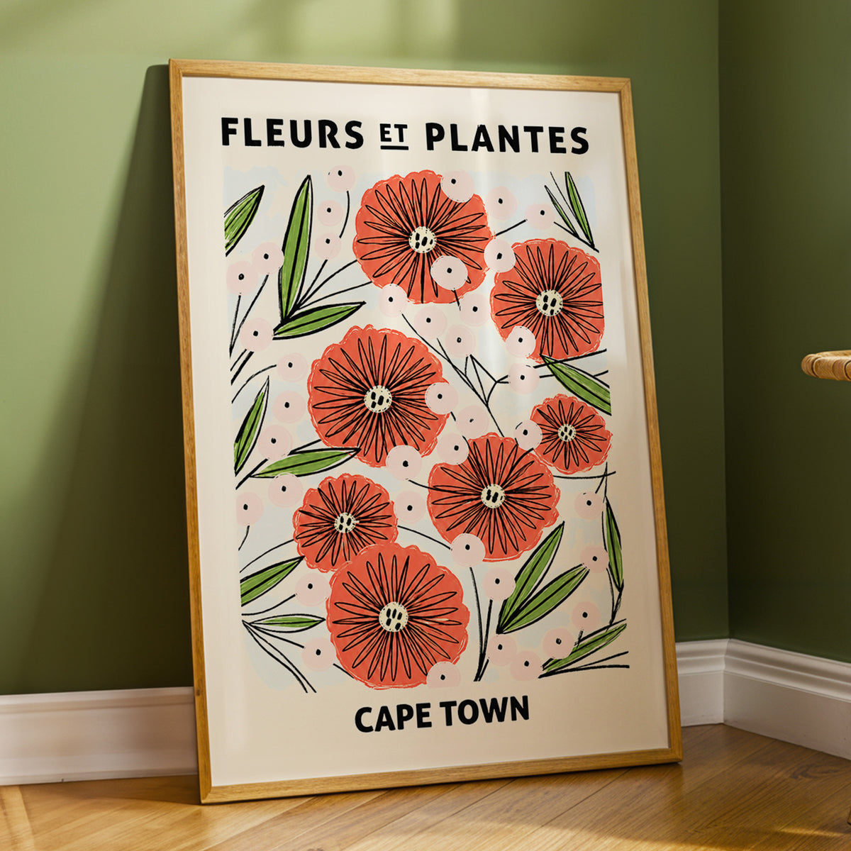 Cape Town Petal Parade, red, pink, green floral wall art displayed in a styled interior, gallery view 9