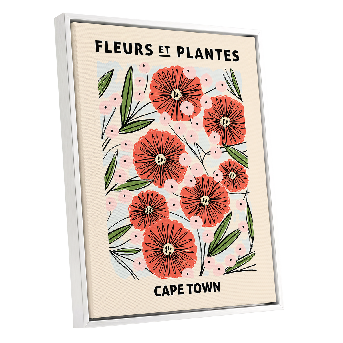 Cape Town Petal Parade, red, pink, green floral wall art shown as a white framed canvas wall art