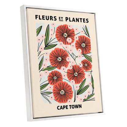 Cape Town Petal Parade, red, pink, green floral wall art shown as a white framed canvas wall art