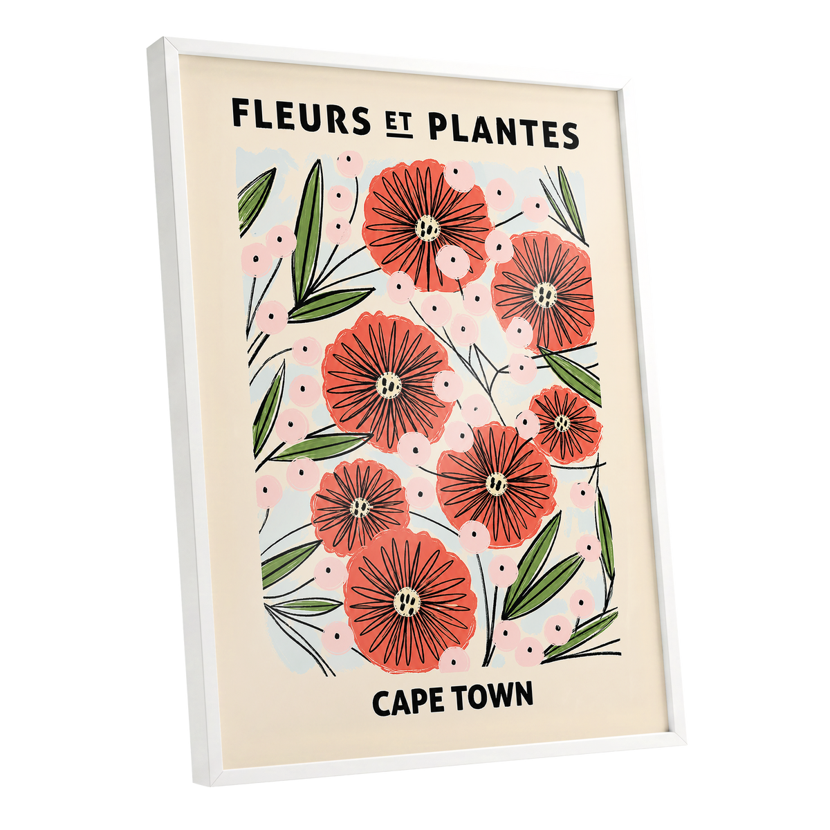 Cape Town Petal Parade, red, pink, green floral wall art shown as a white framed poster wall art print