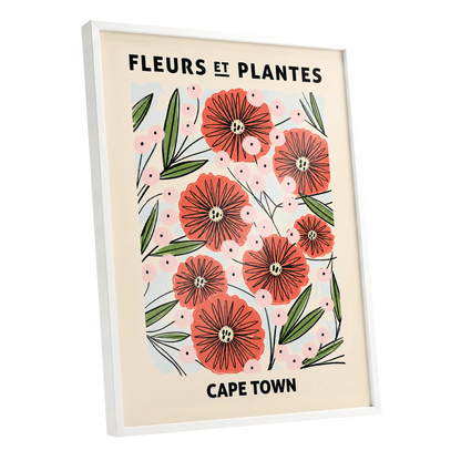 Cape Town Petal Parade, red, pink, green floral wall art shown as a white framed poster wall art print