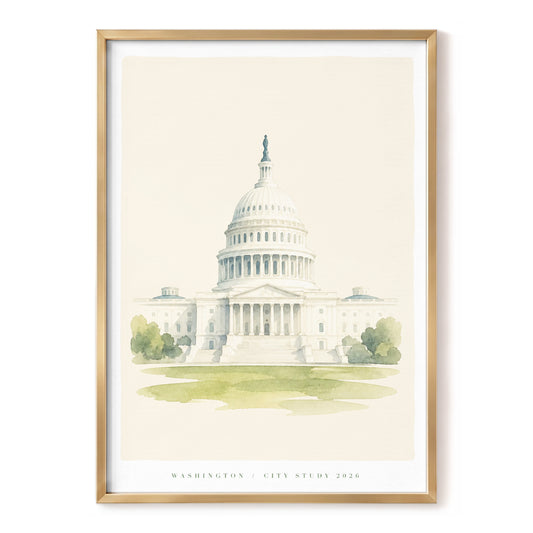Capitol in Quiet Light, beige, white, green minimalist wall art, front artwork view