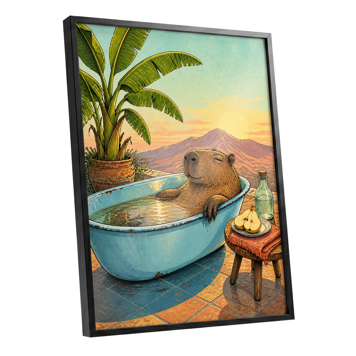 Capybara Sunset Soak, blue, green, brown nature wall art shown as a black framed poster wall art print