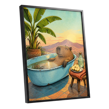 Capybara Sunset Soak, blue, green, brown nature wall art shown as a black framed poster wall art print