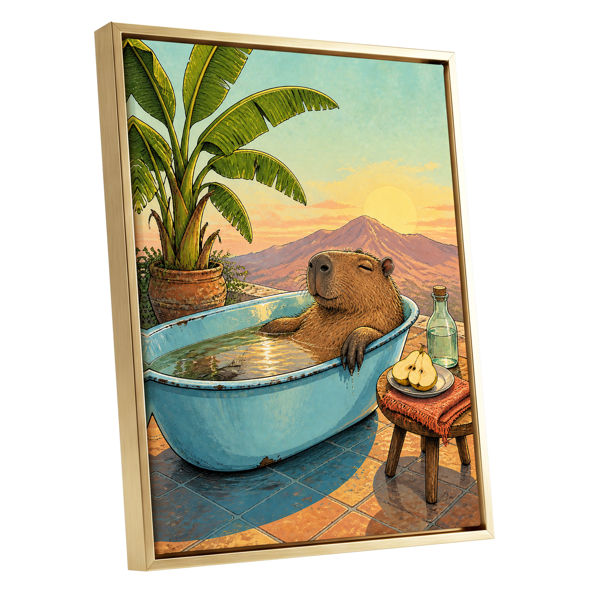 Capybara Sunset Soak, blue, green, brown nature wall art shown as a gold framed canvas wall art