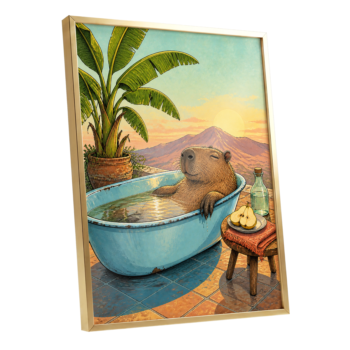 Capybara Sunset Soak, blue, green, brown nature wall art shown as a gold framed poster wall art print