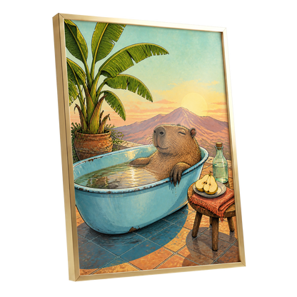 Capybara Sunset Soak, blue, green, brown nature wall art shown as a gold framed poster wall art print