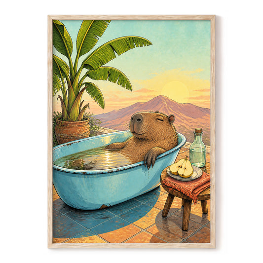 Capybara Sunset Soak, blue, green, brown nature wall art, front artwork view