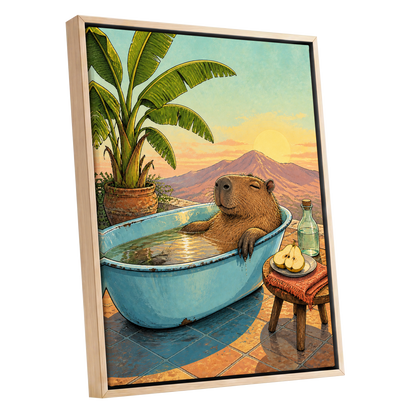Capybara Sunset Soak, blue, green, brown nature wall art shown as a oak framed canvas wall art