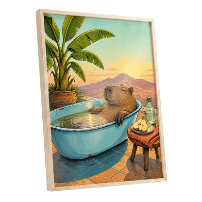 Capybara Sunset Soak, blue, green, brown nature wall art shown as a oak framed poster wall art print