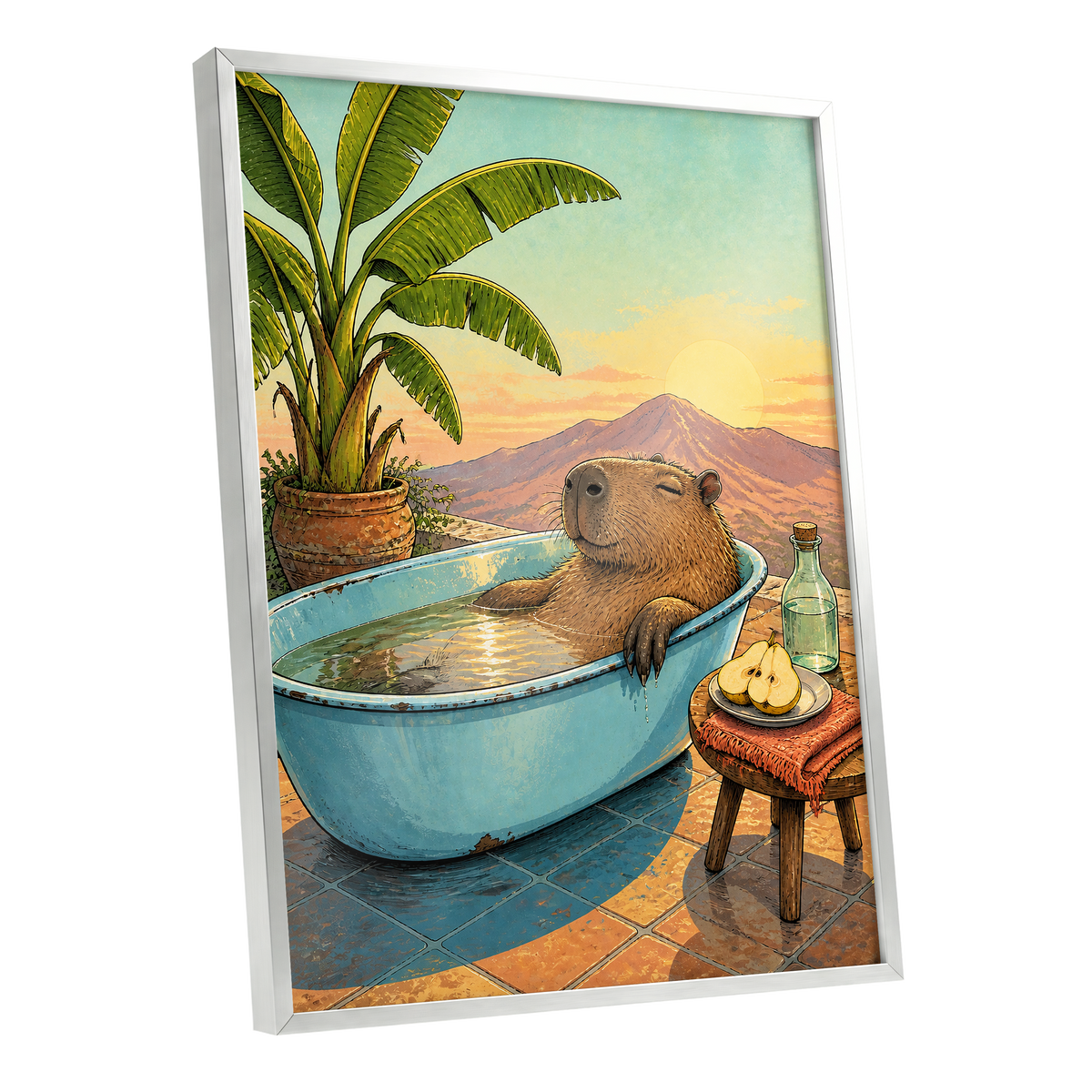 Capybara Sunset Soak, blue, green, brown nature wall art shown as a silver framed poster wall art print