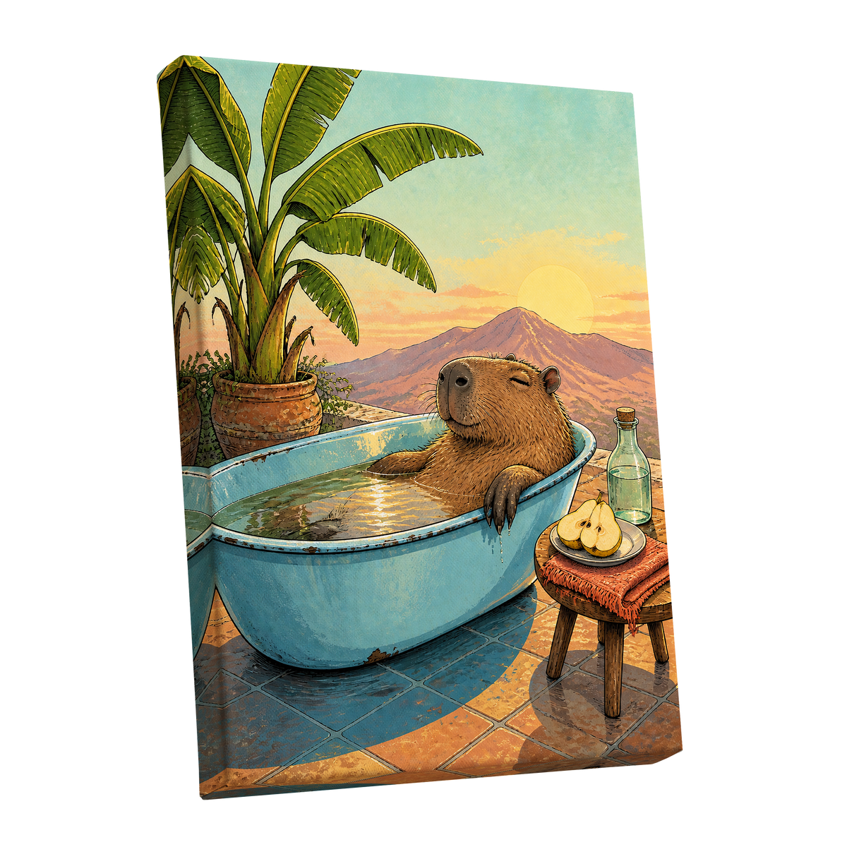 Capybara Sunset Soak, blue, green, brown nature wall art shown as a stretched canvas wall art
