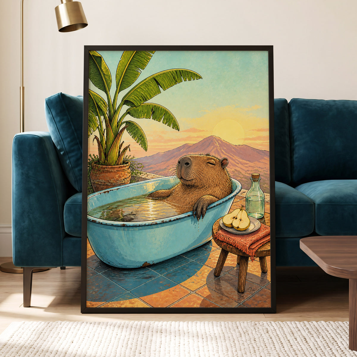 Capybara Sunset Soak, blue, green, brown nature wall art displayed in a styled interior, gallery view 2