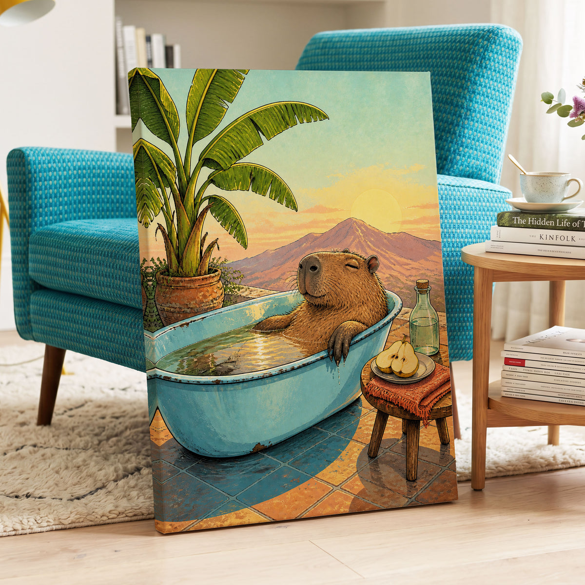 Capybara Sunset Soak, blue, green, brown nature wall art displayed in a styled interior, gallery view 3
