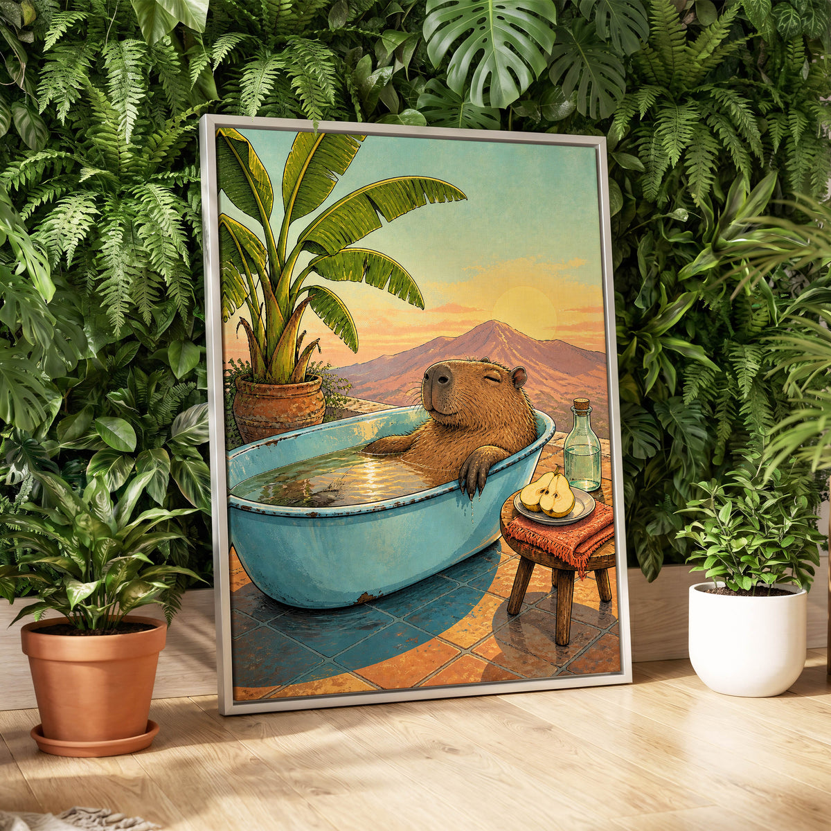 Capybara Sunset Soak, blue, green, brown nature wall art displayed in a styled interior, gallery view 4