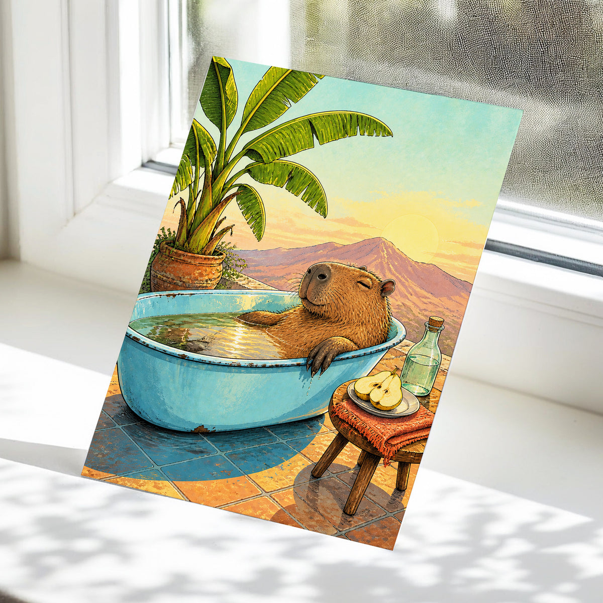 Capybara Sunset Soak, blue, green, brown nature wall art displayed in a styled interior, gallery view 5