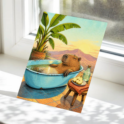 Capybara Sunset Soak, blue, green, brown nature wall art displayed in a styled interior, gallery view 5