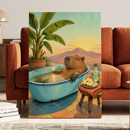 Capybara Sunset Soak, blue, green, brown nature wall art displayed in a styled interior, gallery view 7