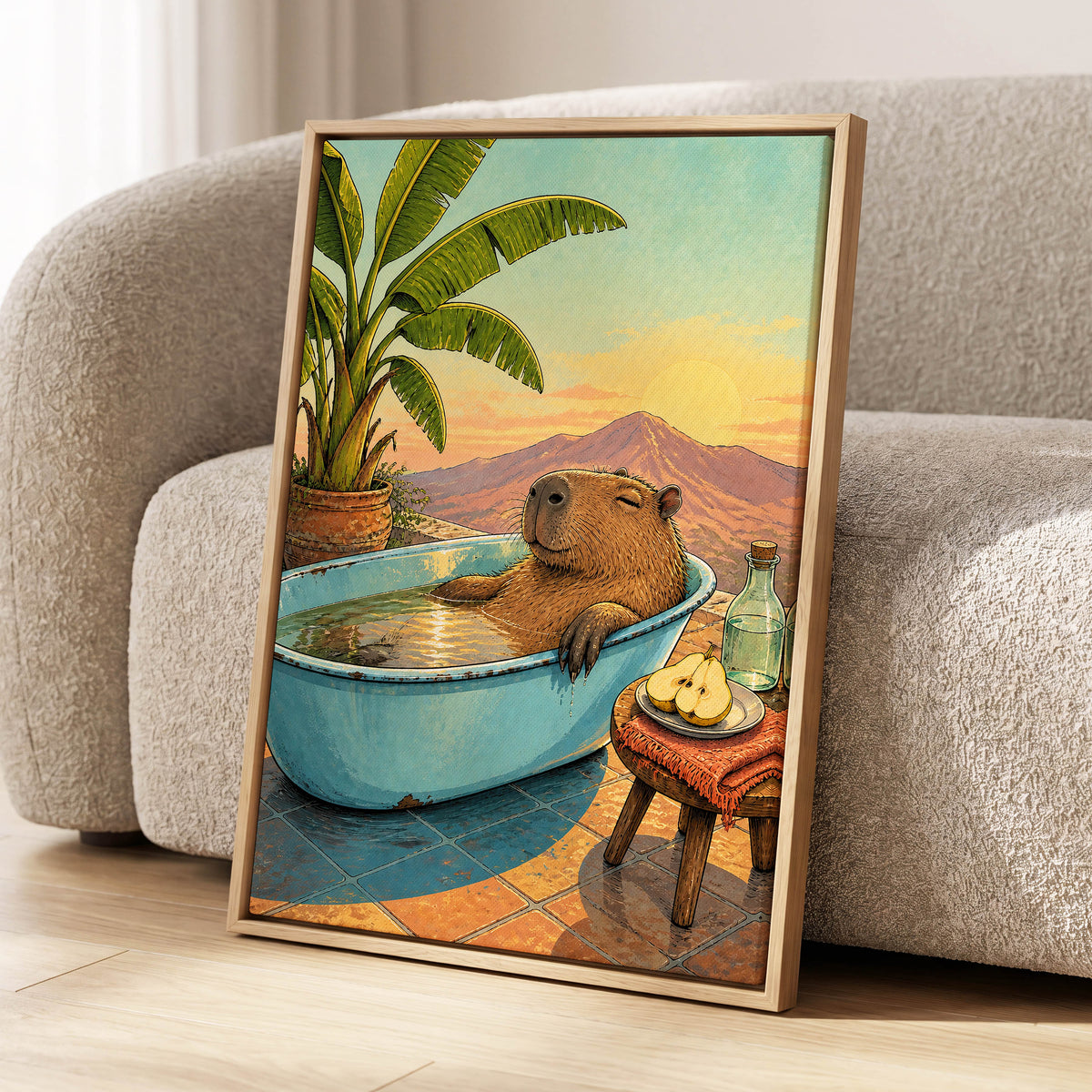 Capybara Sunset Soak, blue, green, brown nature wall art displayed in a styled interior, gallery view 8