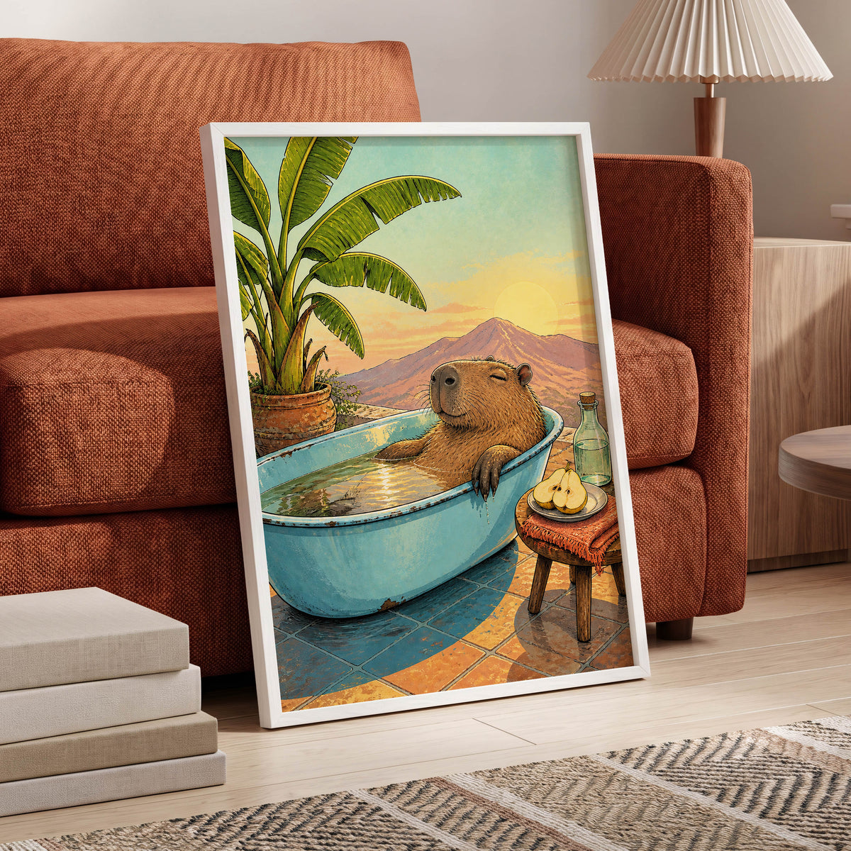 Capybara Sunset Soak, blue, green, brown nature wall art displayed in a styled interior, gallery view 9