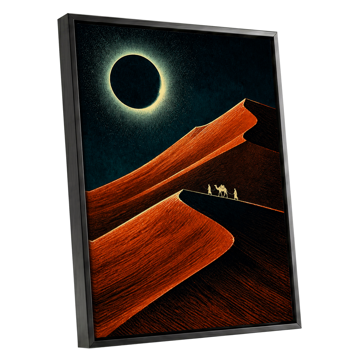 Caravan Beneath the Eclipse, orange, black, blue nature wall art shown as a black framed canvas wall art