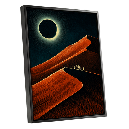 Caravan Beneath the Eclipse, orange, black, blue nature wall art shown as a black framed canvas wall art
