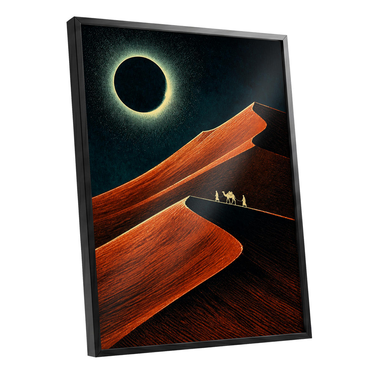 Caravan Beneath the Eclipse, orange, black, blue nature wall art shown as a black framed poster wall art print