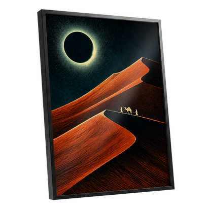 Caravan Beneath the Eclipse, orange, black, blue nature wall art shown as a black framed poster wall art print