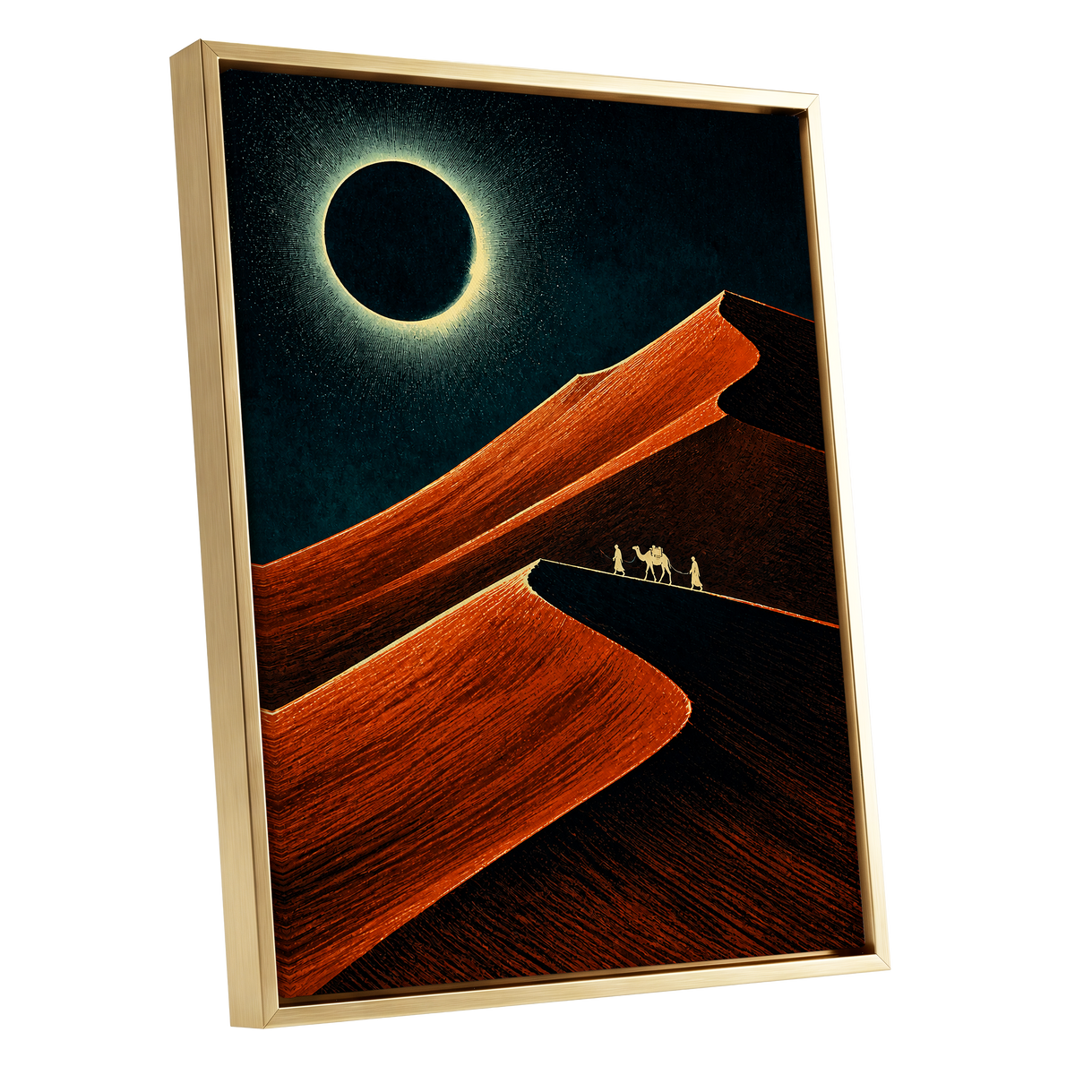 Caravan Beneath the Eclipse, orange, black, blue nature wall art shown as a gold framed canvas wall art