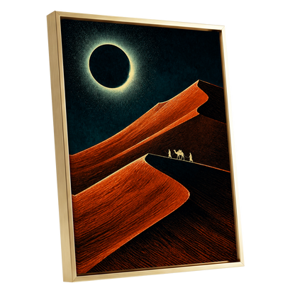 Caravan Beneath the Eclipse, orange, black, blue nature wall art shown as a gold framed canvas wall art
