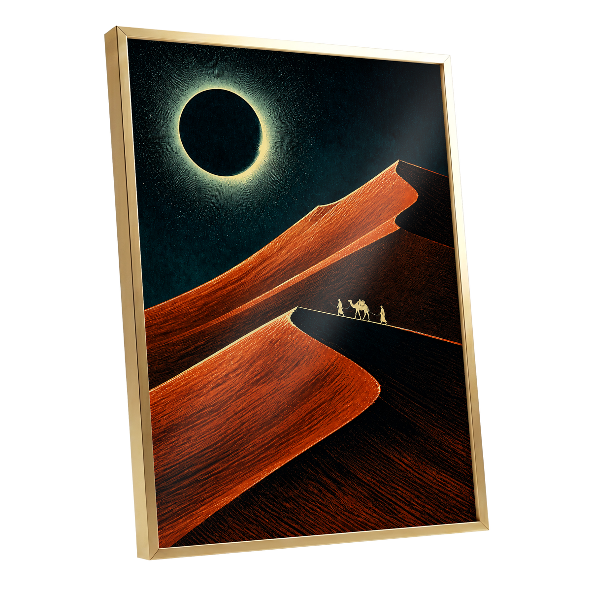 Caravan Beneath the Eclipse, orange, black, blue nature wall art shown as a gold framed poster wall art print