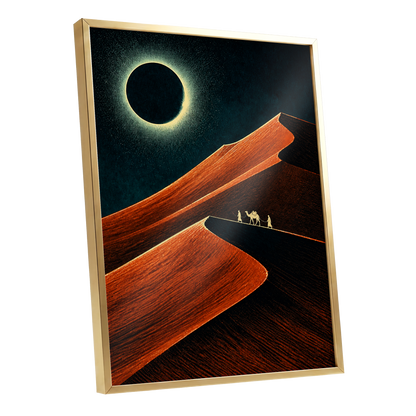 Caravan Beneath the Eclipse, orange, black, blue nature wall art shown as a gold framed poster wall art print