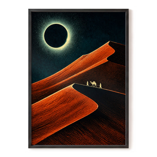Caravan Beneath the Eclipse, orange, black, blue nature wall art, front artwork view