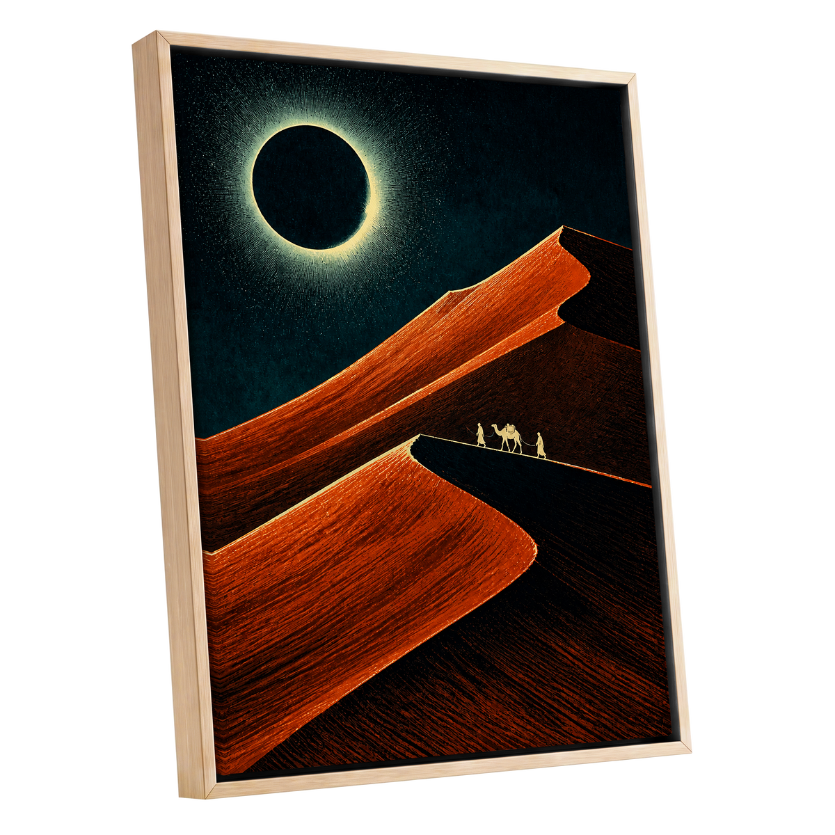 Caravan Beneath the Eclipse, orange, black, blue nature wall art shown as a oak framed canvas wall art
