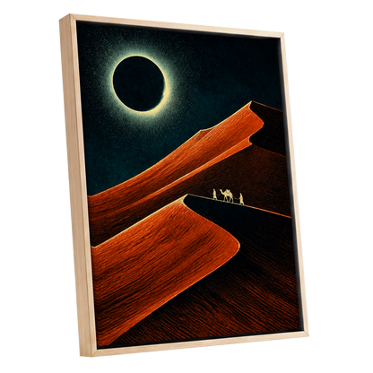 Caravan Beneath the Eclipse, orange, black, blue nature wall art shown as a oak framed canvas wall art