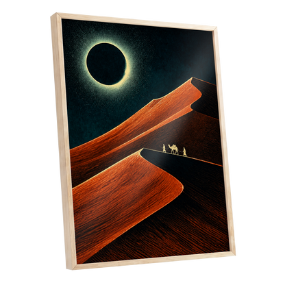 Caravan Beneath the Eclipse, orange, black, blue nature wall art shown as a oak framed poster wall art print