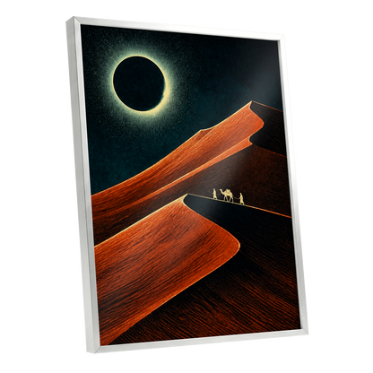 Caravan Beneath the Eclipse, orange, black, blue nature wall art shown as a silver framed poster wall art print