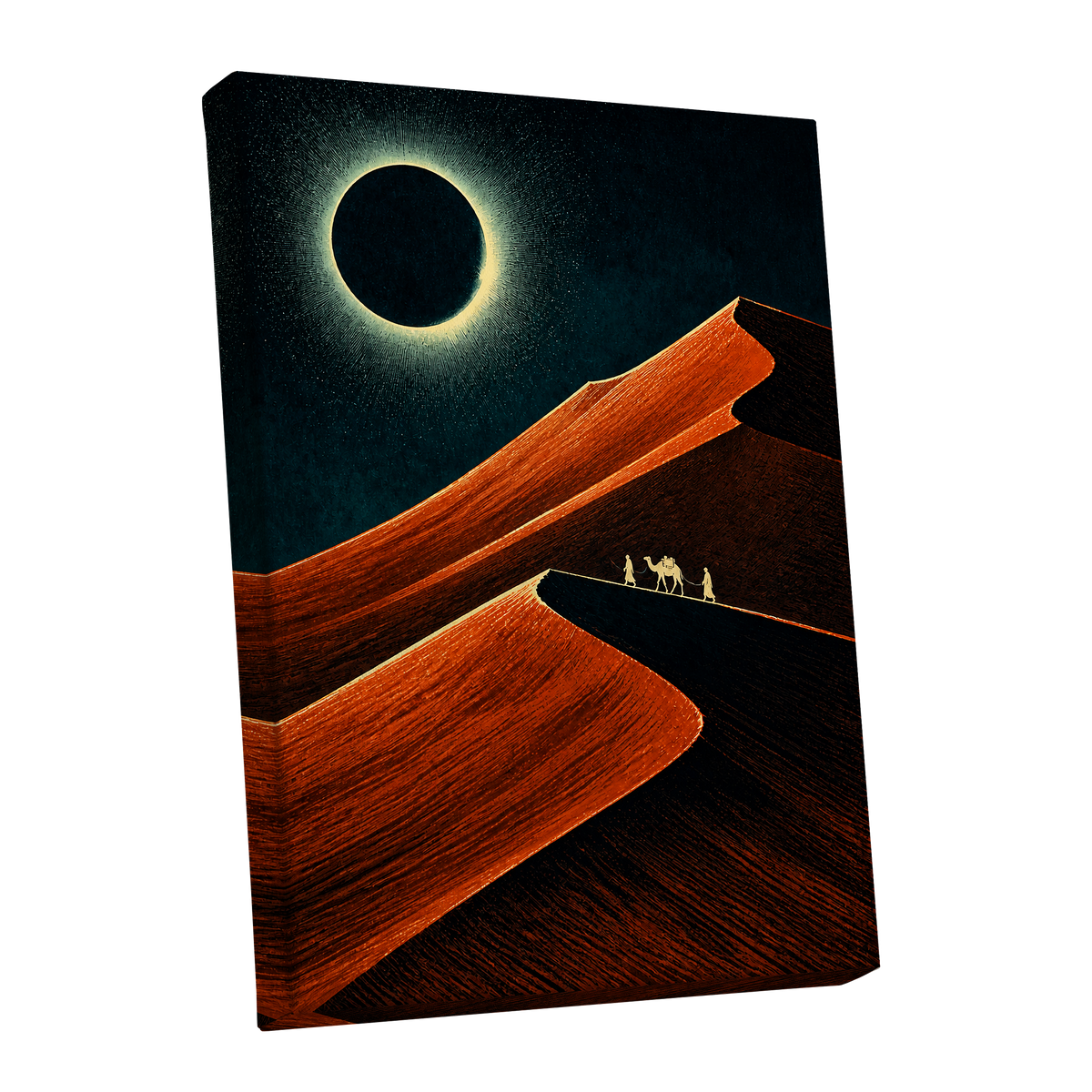 Caravan Beneath the Eclipse, orange, black, blue nature wall art shown as a stretched canvas wall art