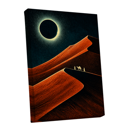 Caravan Beneath the Eclipse, orange, black, blue nature wall art shown as a stretched canvas wall art