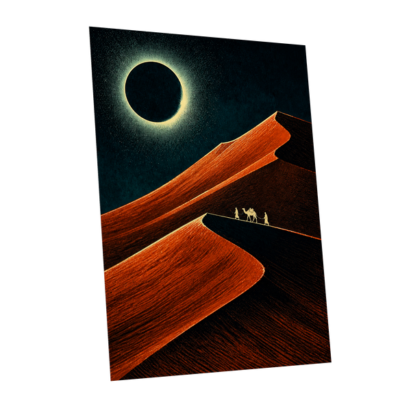Caravan Beneath the Eclipse, orange, black, blue nature wall art shown as a unframed poster wall art print