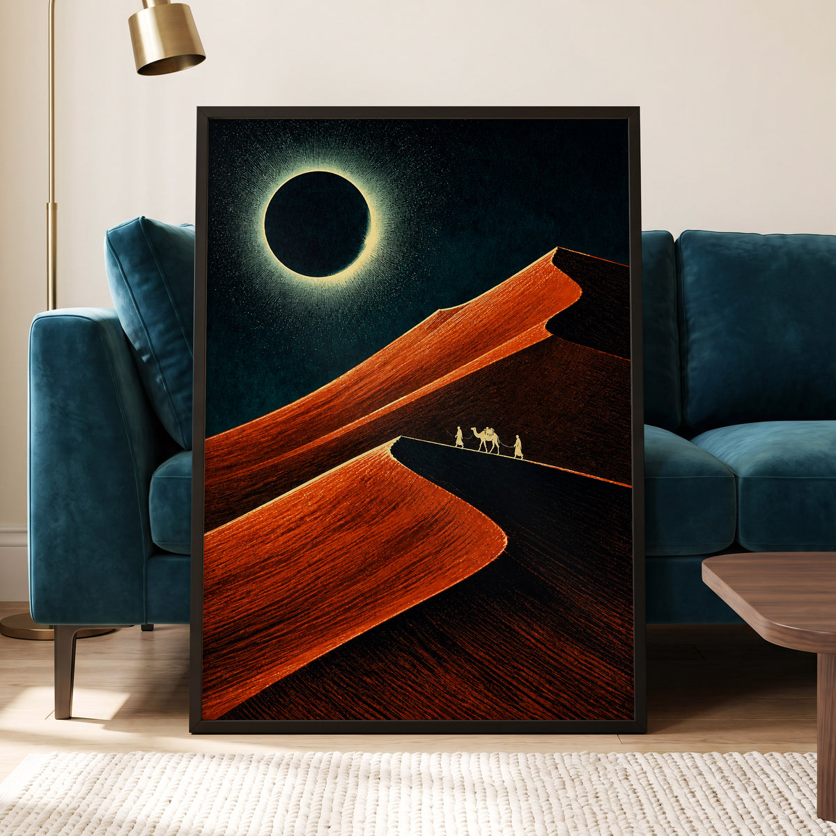 Caravan Beneath the Eclipse, orange, black, blue nature wall art displayed in a styled interior, gallery view 2