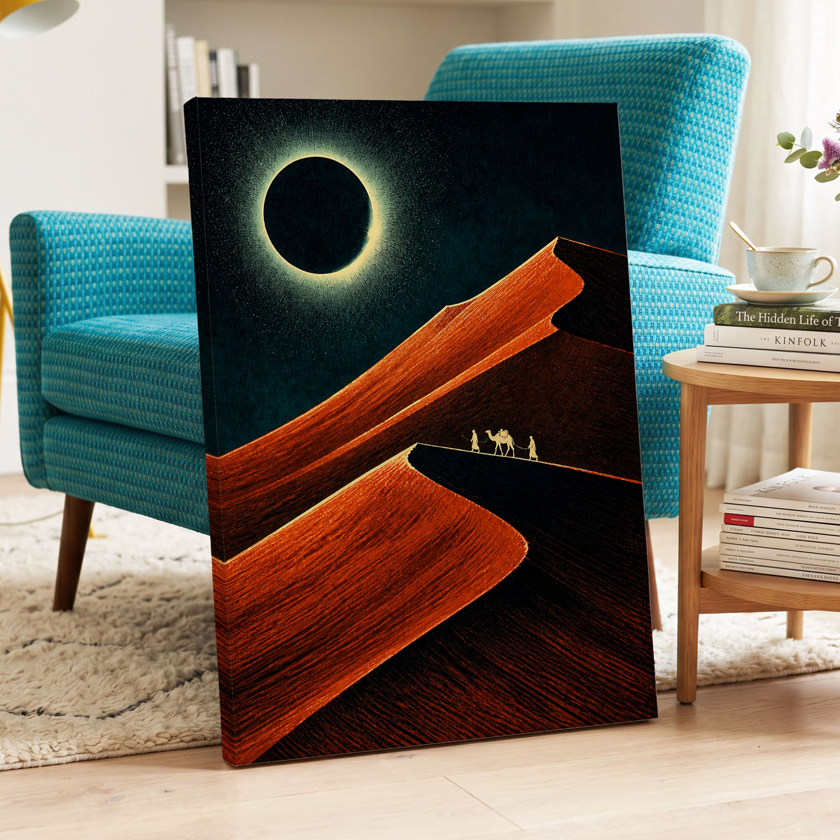 Caravan Beneath the Eclipse, orange, black, blue nature wall art displayed in a styled interior, gallery view 3