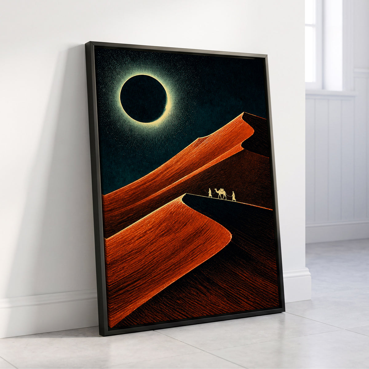 Caravan Beneath the Eclipse, orange, black, blue nature wall art displayed in a styled interior, gallery view 4