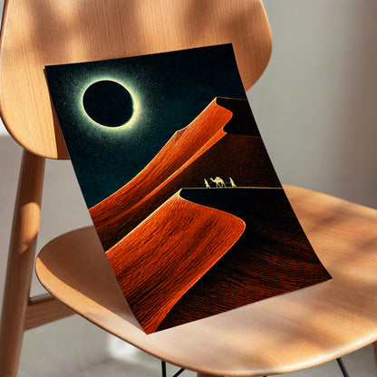 Caravan Beneath the Eclipse, orange, black, blue nature wall art displayed in a styled interior, gallery view 5
