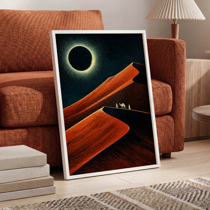Caravan Beneath the Eclipse, orange, black, blue nature wall art displayed in a styled interior, gallery view 6